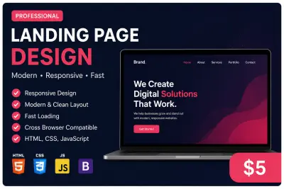 سأصمم Landing Page احترافية ومتجاوبة باستخدام HTML و CSS و JavaScriptوBootstrap