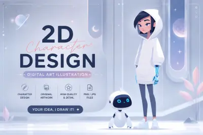 سأرسم لك شخصية أو تصميم 2D بأسلوب رقمي مميز