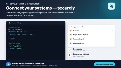 تطوير وتكامل واجهات API وربط أنظمتك وبوابات الدفع