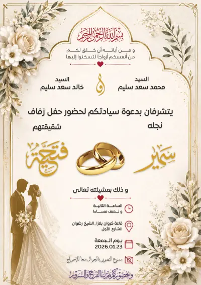 تصميم دعوات زفاف وعقد قران احترافية للطباعة والإرسال الرقمي