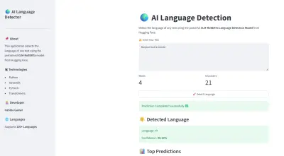 سأقوم بتطوير تطبيق ذكاء اصطناعي يحدد احتمالية انتماء الكلمة أو النص إلى اللغات المختلفة، ويعرض أعلى 5 لغات احتمالية مع نسبة الثقة لكل لغة، من خلال واجهة سهلة باستخدام Streamlit.