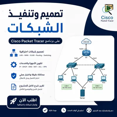 سأقوم بتصميم وتنفيذ شبكات Cisco Packet Tracer باحترافية